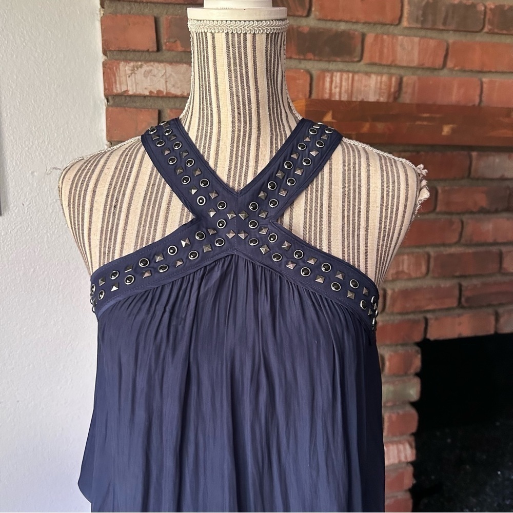 Ramy Brook Autumn Studded Halter Neck Midi Dress in Navy Blue Sz M - Picture 4 of 10